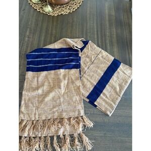 VTG American Style Hosiery Tan Blue Striped Scarf Fringe 76" X 11" Boho Sporty